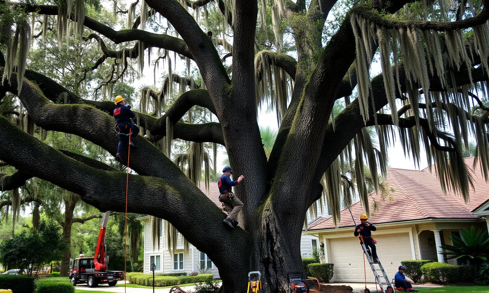 Tree removal crew working on a large oak in Tallahassee